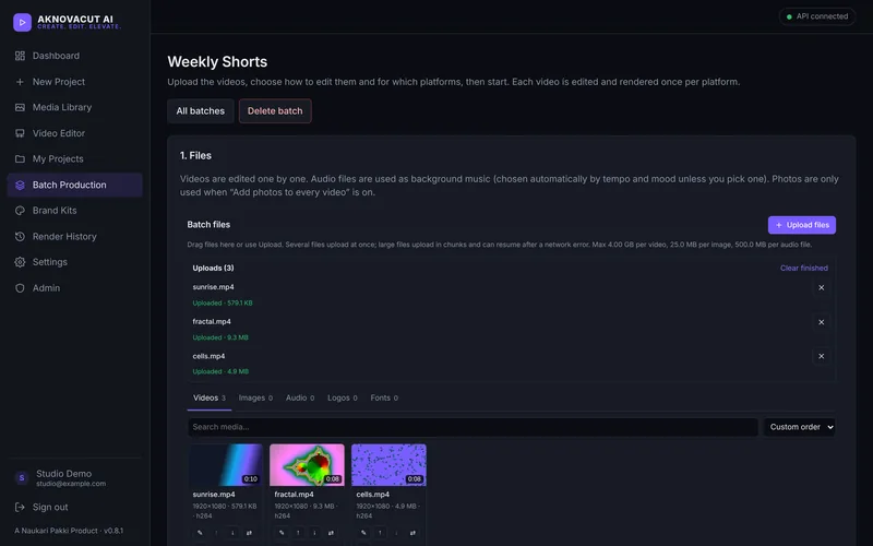 The Batch Production page with three uploaded videos ready to be made for several platforms.
