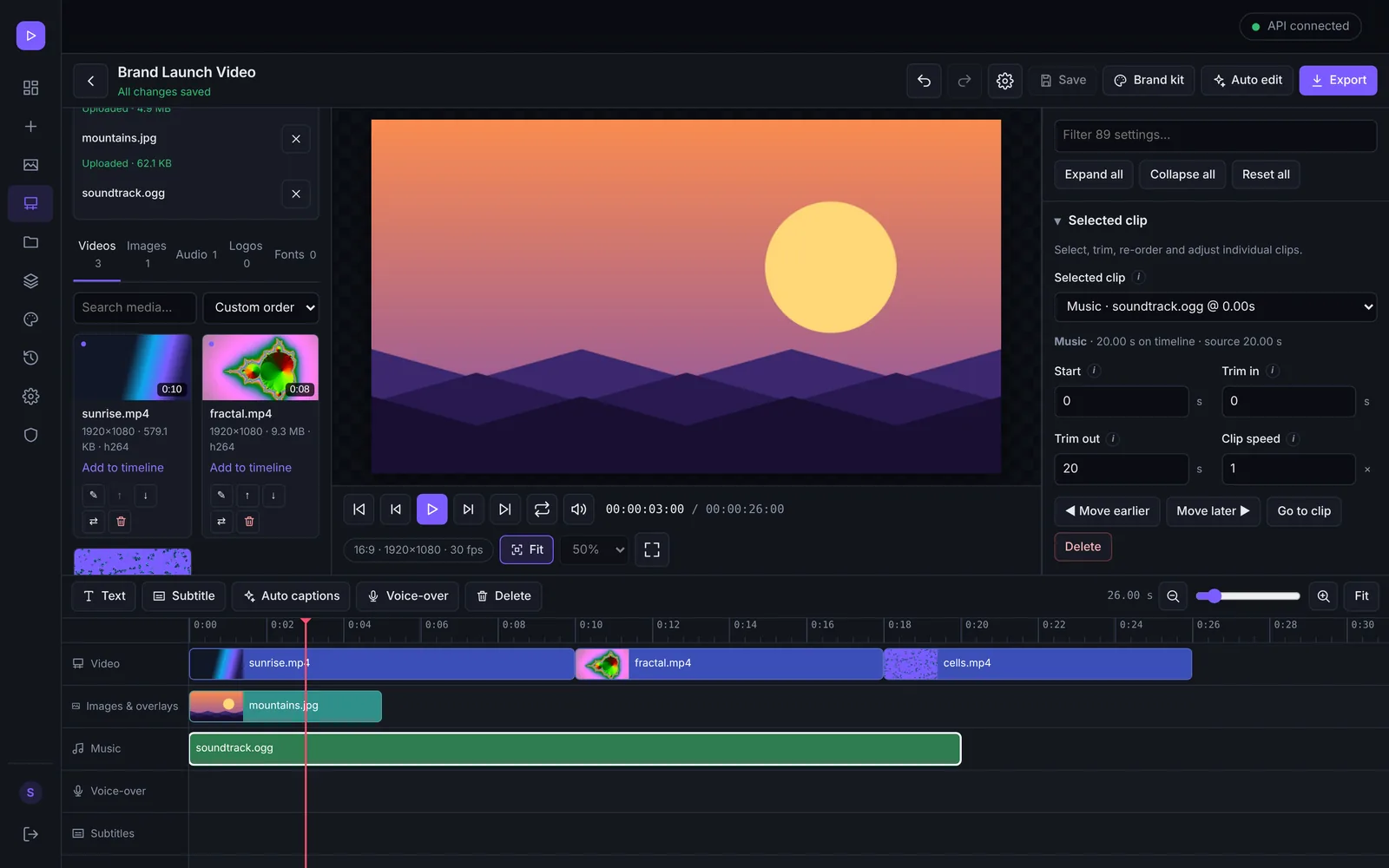 The AKNOVACUT AI editor: media library, video preview, settings panel and a multi-track timeline with video, image and music clips.
