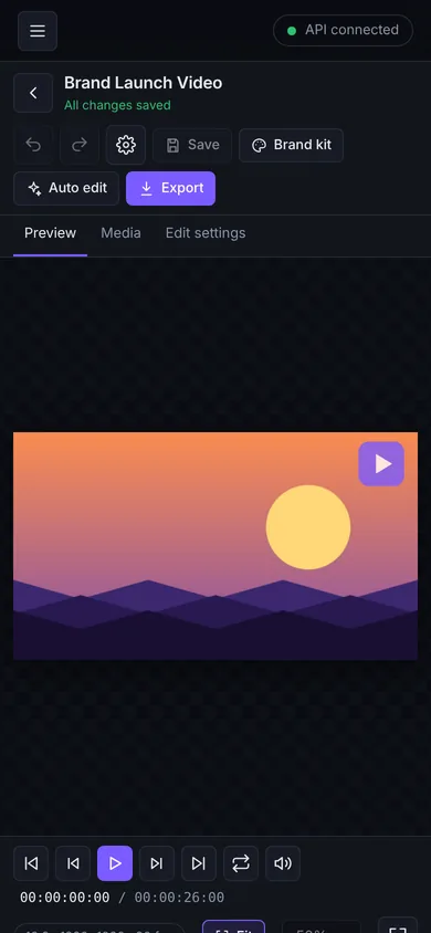 The editor on a phone, with preview, playback controls and Export button.
